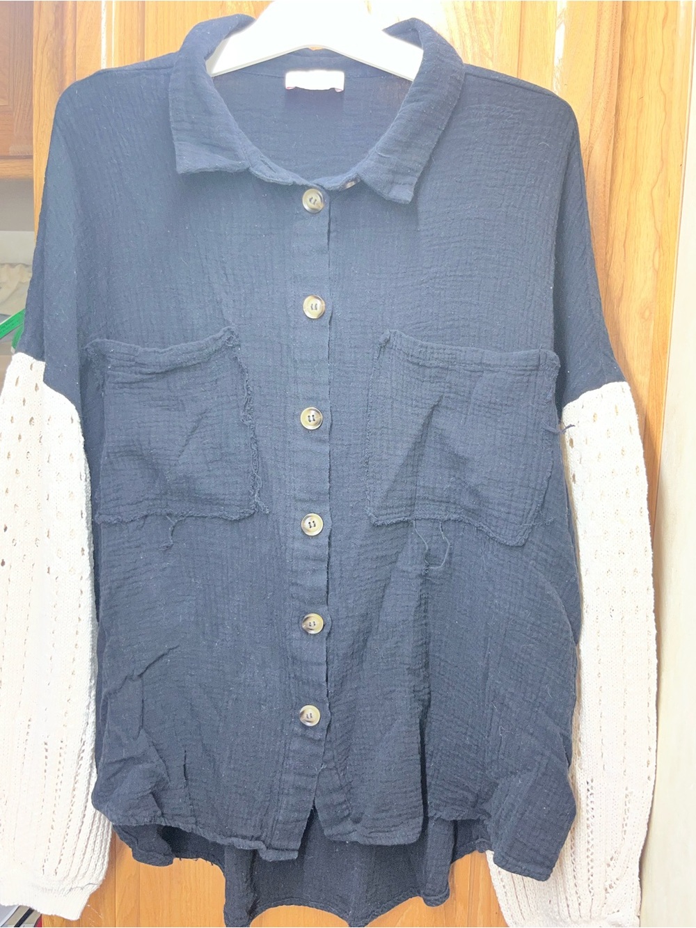 Lily Button Down Shirt With Crochet Sleeves In Gray Sz M